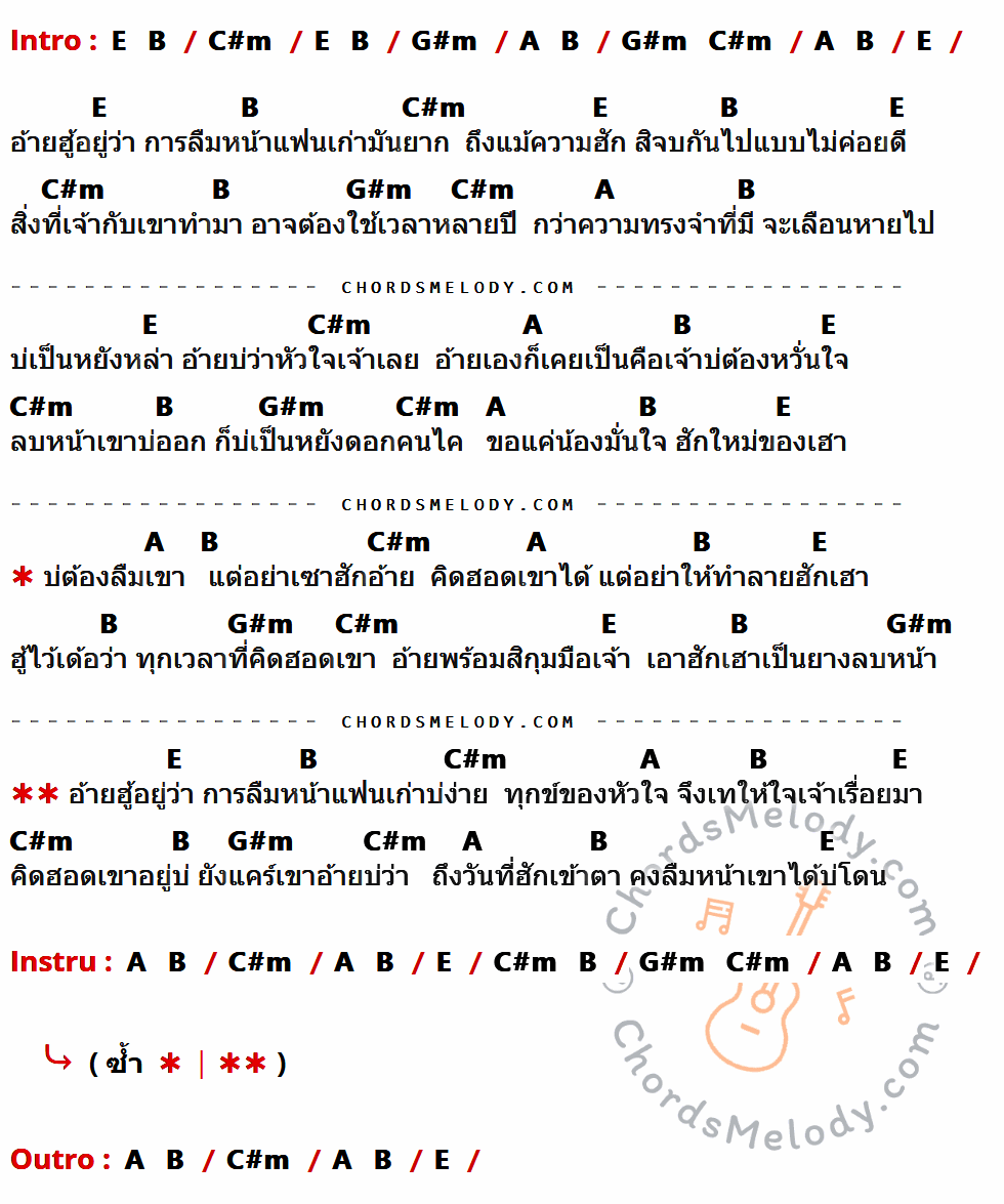 เนื้อเพลง บ่ต้องลืมเขา แต่อย่าเซาฮักอ้าย ของ เบสท์ ธีระวัฒน์ ที่มีคอร์ด ในกลุ่มคีย์ E,B,C#m,G#m,A ประกอบ