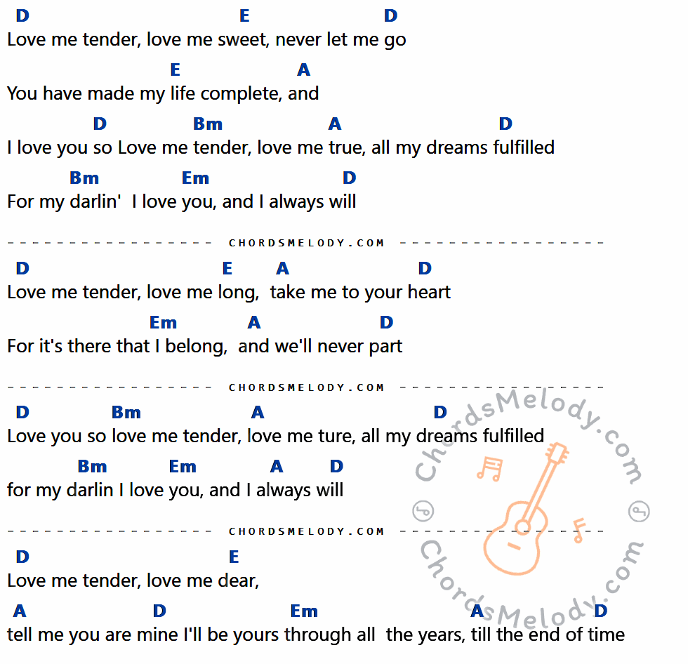 เนื้อเพลง Love Me Tender ของ Elvis presley ที่มีคอร์ด ในกลุ่มคีย์ D,E,A,Bm,Em ประกอบ