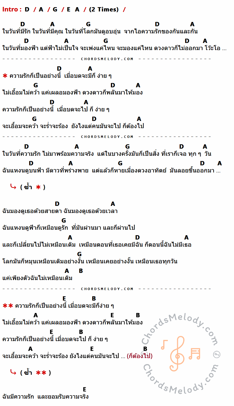 เนื้อเพลง Shuffle ของ Boy Imagine ที่มีคอร์ด ในกลุ่มคีย์ D,A,G,E,B ประกอบ