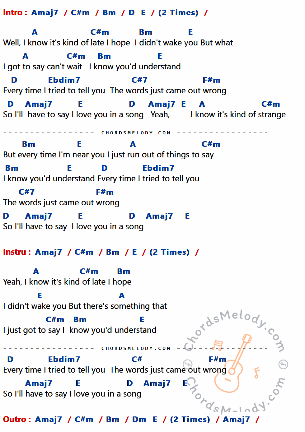 เนื้อเพลง I'll Have To Say I Love You In A Song ของ Jim Croce ที่มีคอร์ดกีต้าร์ Amaj7,C#m,Bm,D,E,A,Ebdim7,C#7,F#m,C#,Dm