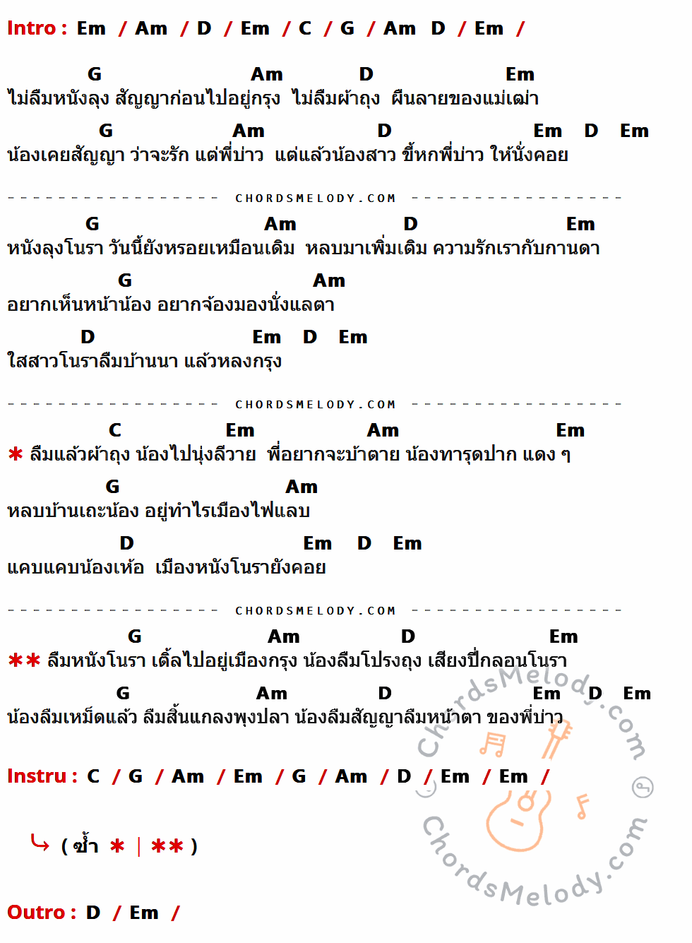 เนื้อเพลง สาวใต้ลืมถิ่น ของ หนวด จิรภัทร ที่มีคอร์ดกีต้าร์ Em,Am,D,C,G