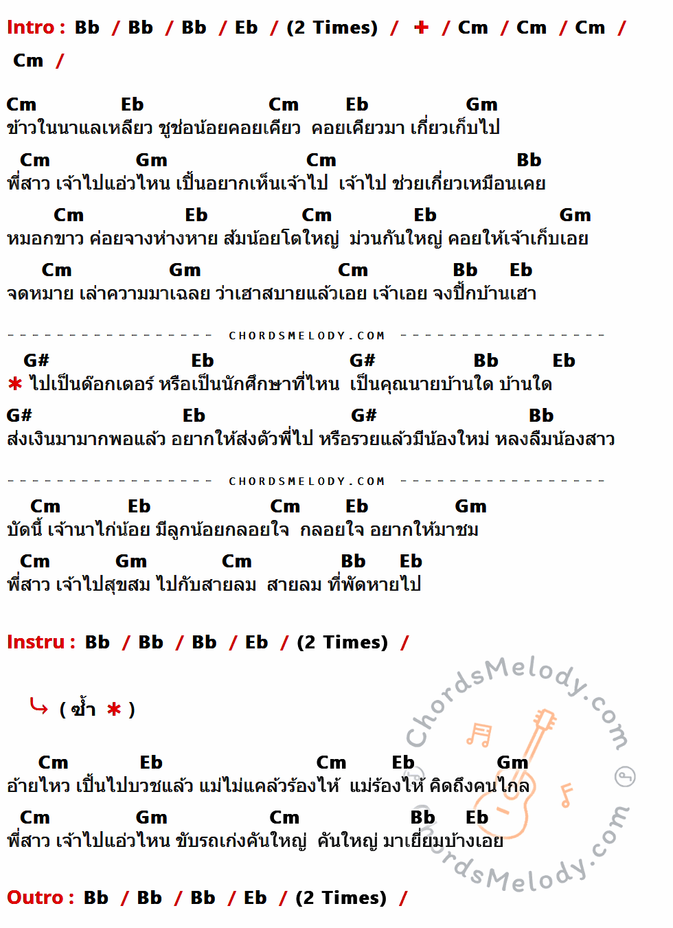 เนื้อเพลง อย่าลืมน้องสาว นกแล ของ ดุ่ย อาดุลย์ (Cover by) ที่มีคอร์ดกีต้าร์ Bb,Eb,Cm,Gm,G#