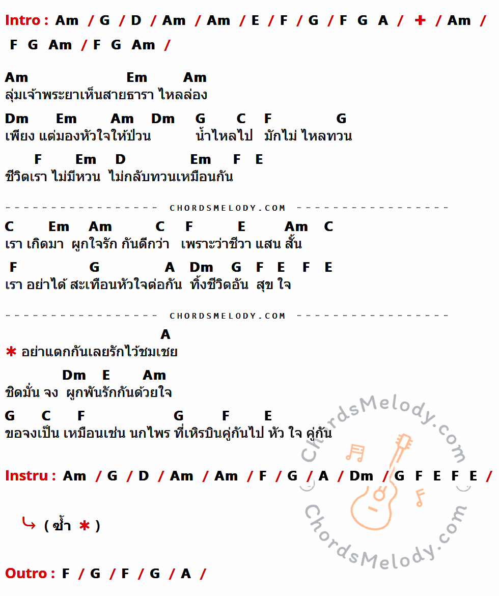 เนื้อเพลง ลุ่มเจ้าพระยา ของ แหวน ฐิติมา ที่มีคอร์ด ในกลุ่มคีย์ Am,G,D,E,F,A,Em,Dm,C ประกอบ