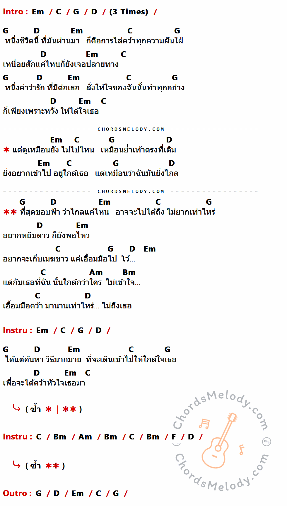 เนื้อเพลง เอื้อมไม่ถึง ของ เด่นคุณ งามเนตร ที่มีคอร์ดกีต้าร์ Em,C,G,D,Am,Bm,F