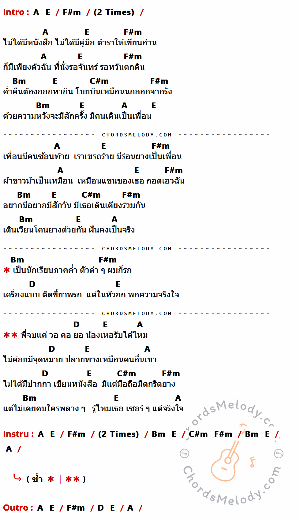 เนื้อเพลง เด็ก วคย. วิทยาลัยโคนยาง ของ วงคนตัดยาง ที่มีคอร์ดกีต้าร์ A,E,F#m,Bm,C#m,D