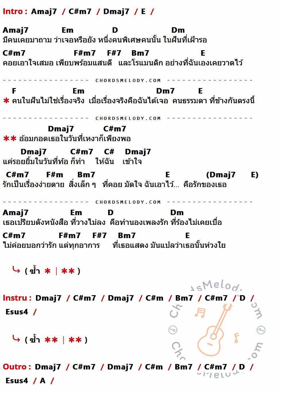 เนื้อเพลง มัดใจ ของ มัดหมี่ พิมดาว ที่มีคอร์ด ในกลุ่มคีย์ Amaj7,C#m7,Dmaj7,E,Em,D,Dm,F#m7,F#7,Bm7,F,Dm7,C#,F#m,C#m,Esus4,A ประกอบ