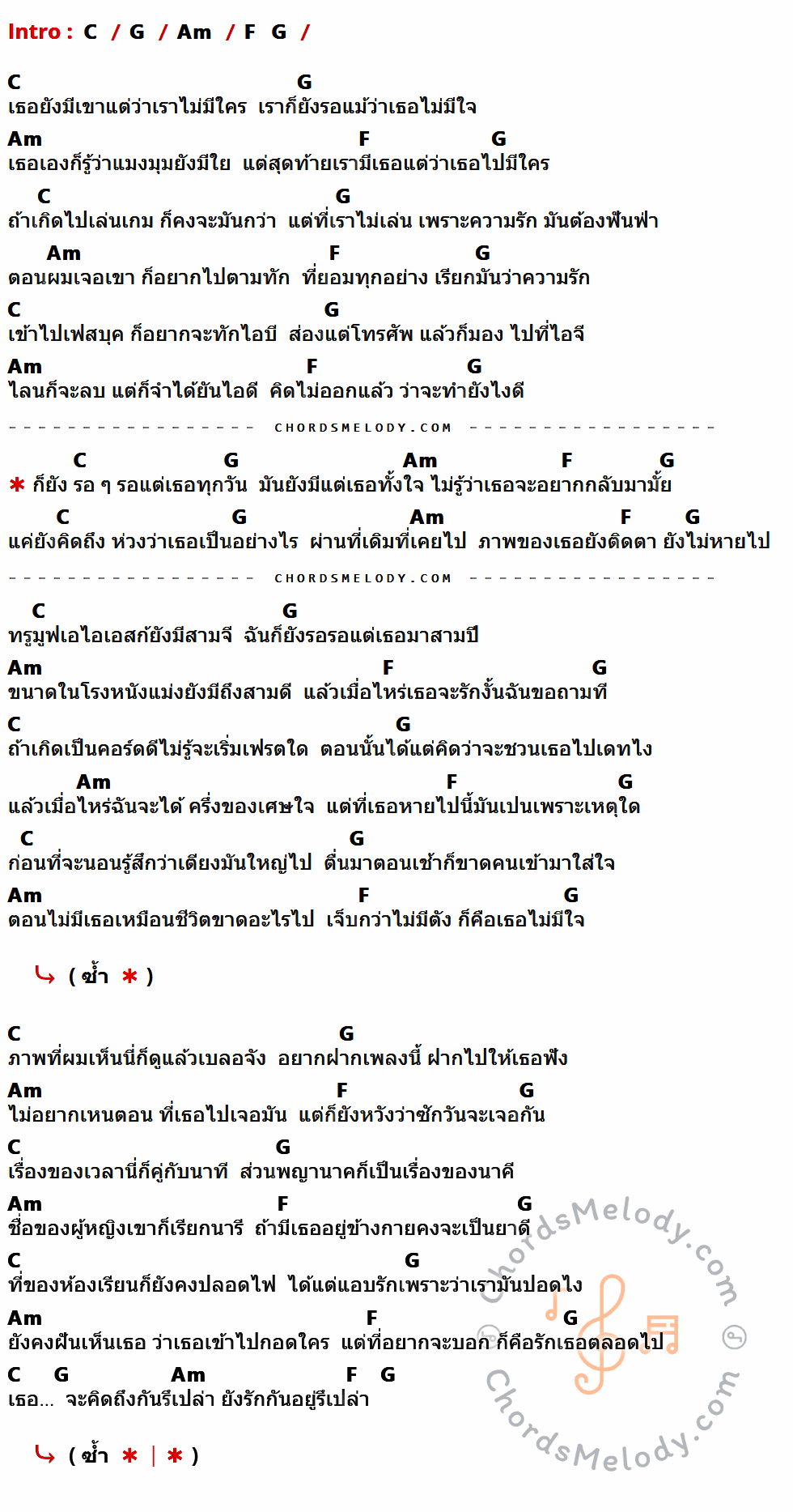 เนื้อเพลง ตอนไม่มีเธอ ของ Minotaur ที่มีคอร์ด ในกลุ่มคีย์ C,G,Am,F ประกอบ