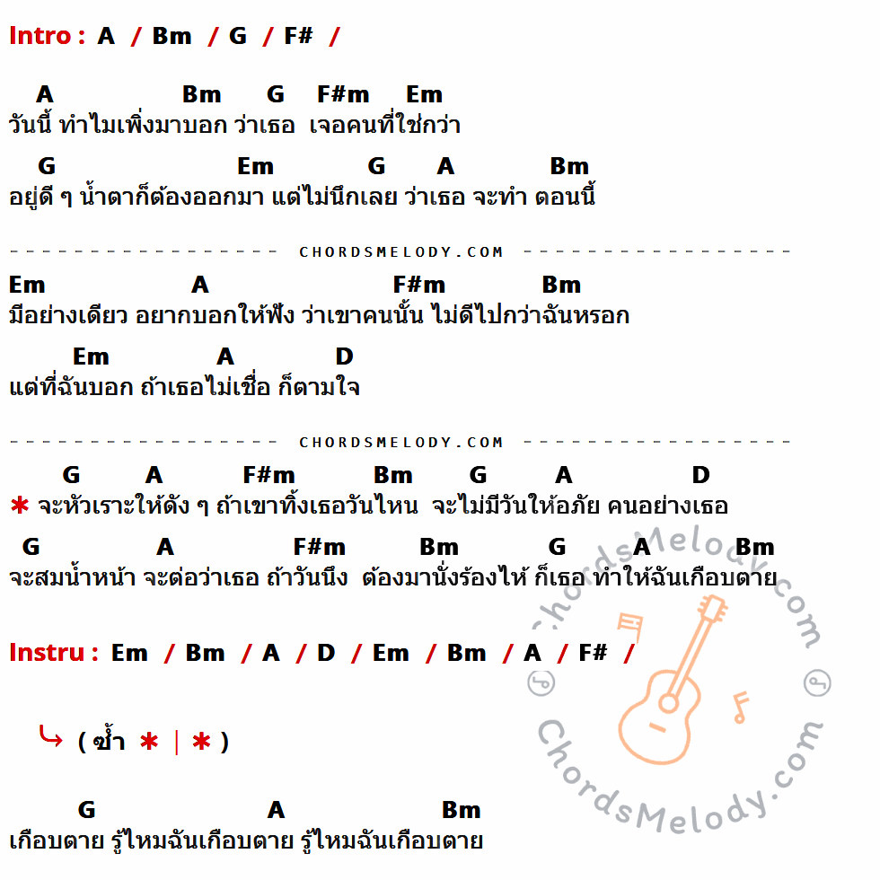 เนื้อเพลง บอกแล้วไม่เชื่อ ของ วงกลม ที่มีคอร์ดกีต้าร์ A,Bm,G,F#,F#m,Em,D