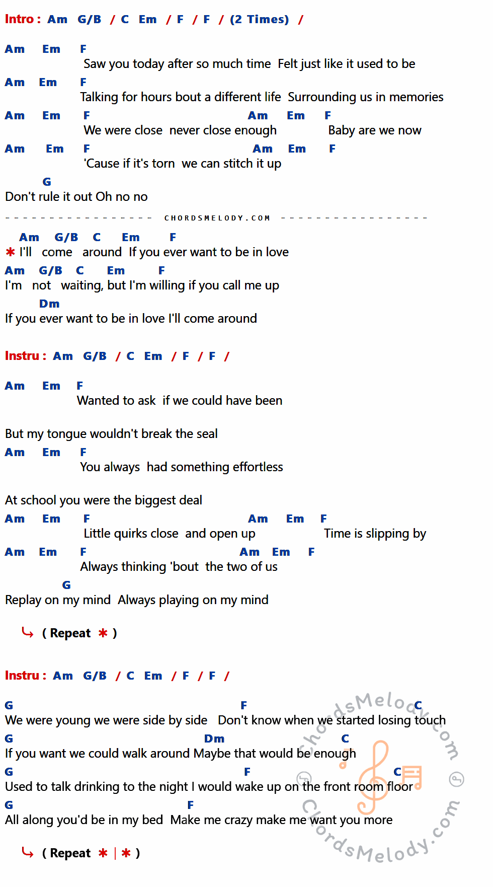 เนื้อเพลง If You Ever Want to Be in Love ของ James Bay ที่มีคอร์ด ในกลุ่มคีย์ Am,G/B,C,Em,F,G,Dm ประกอบ