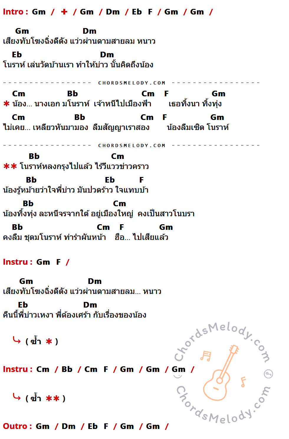 เนื้อเพลง โนราห์หลงกรุง ของ เมฆา อาร์สยาม ที่มีคอร์ด ในกลุ่มคีย์ Gm,Dm,Eb,F,Cm,Bb ประกอบ