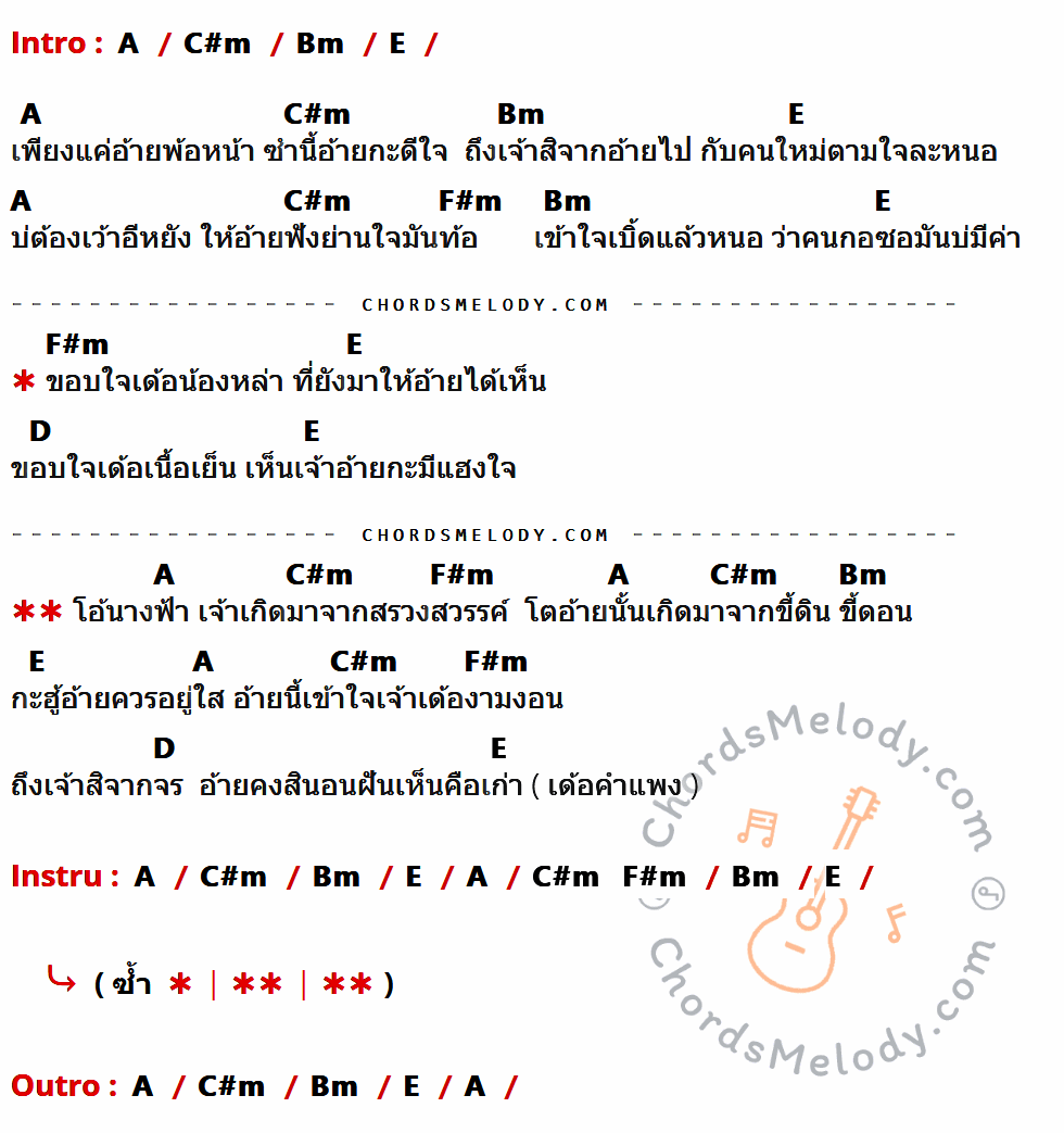 เนื้อเพลง นางฟ้ากับคนกอซอ ของ ดุ่ย เชียงรัมย์ ที่มีคอร์ด ในกลุ่มคีย์ A,C#m,Bm,E,F#m,D ประกอบ
