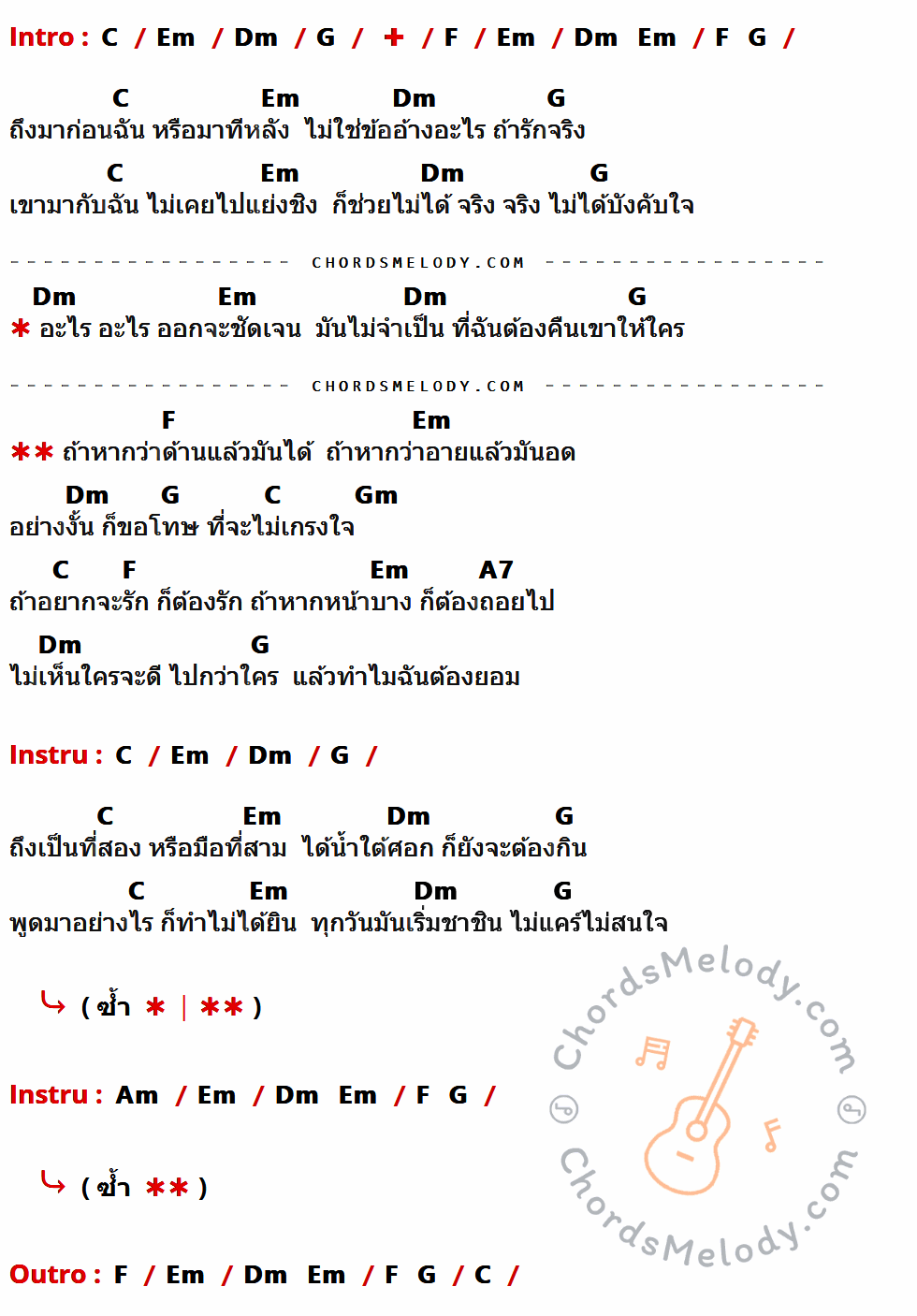 เนื้อเพลง ด้านได้อายอด ของ เต้น นรารักษ์ ที่มีคอร์ดกีต้าร์ C,Em,Dm,G,F,Gm,A7,Am