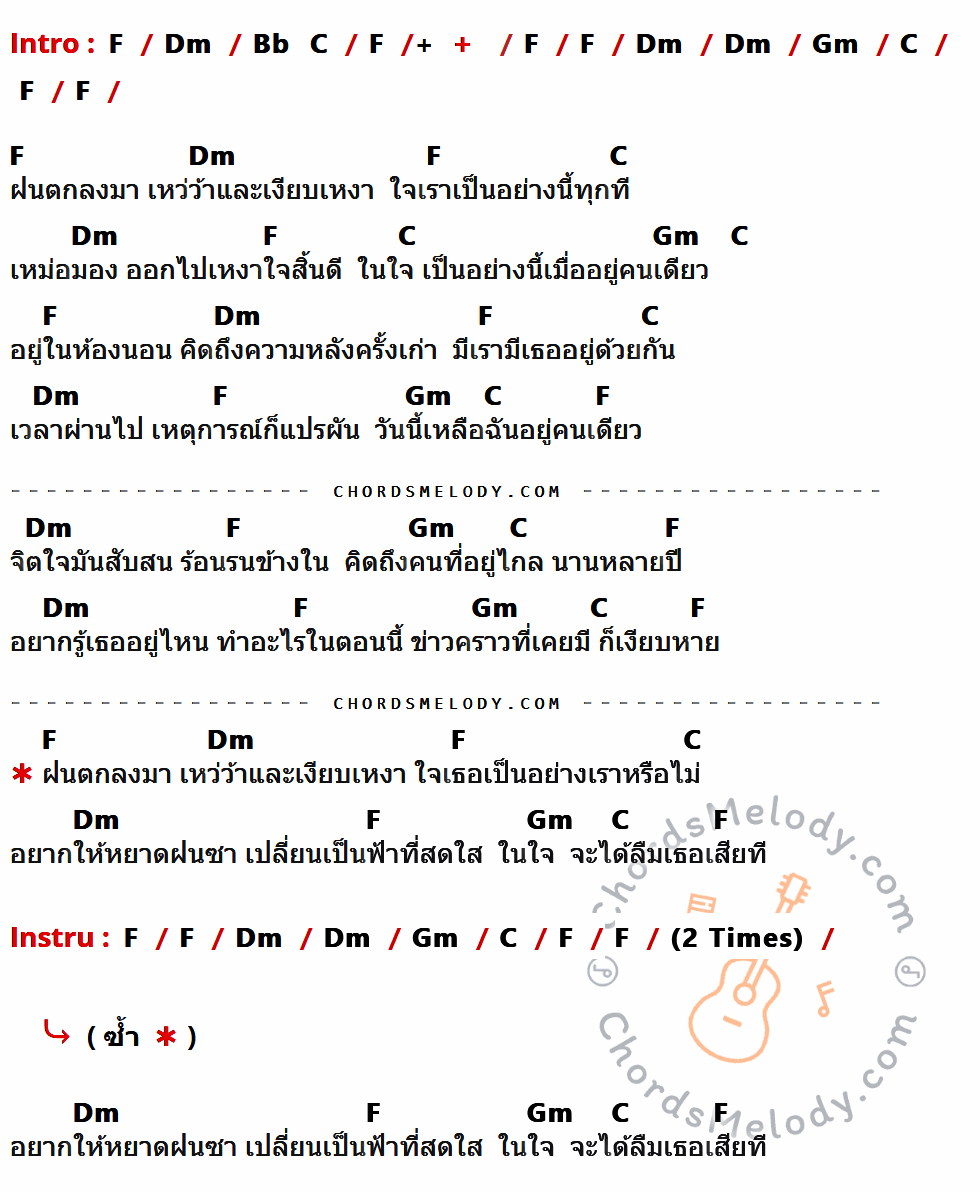 เนื้อเพลง หยาดฝนในใจ ของ วีรชน สุเมธี ที่มีคอร์ด ในกลุ่มคีย์ F,Dm,Bb,C,Gm ประกอบ