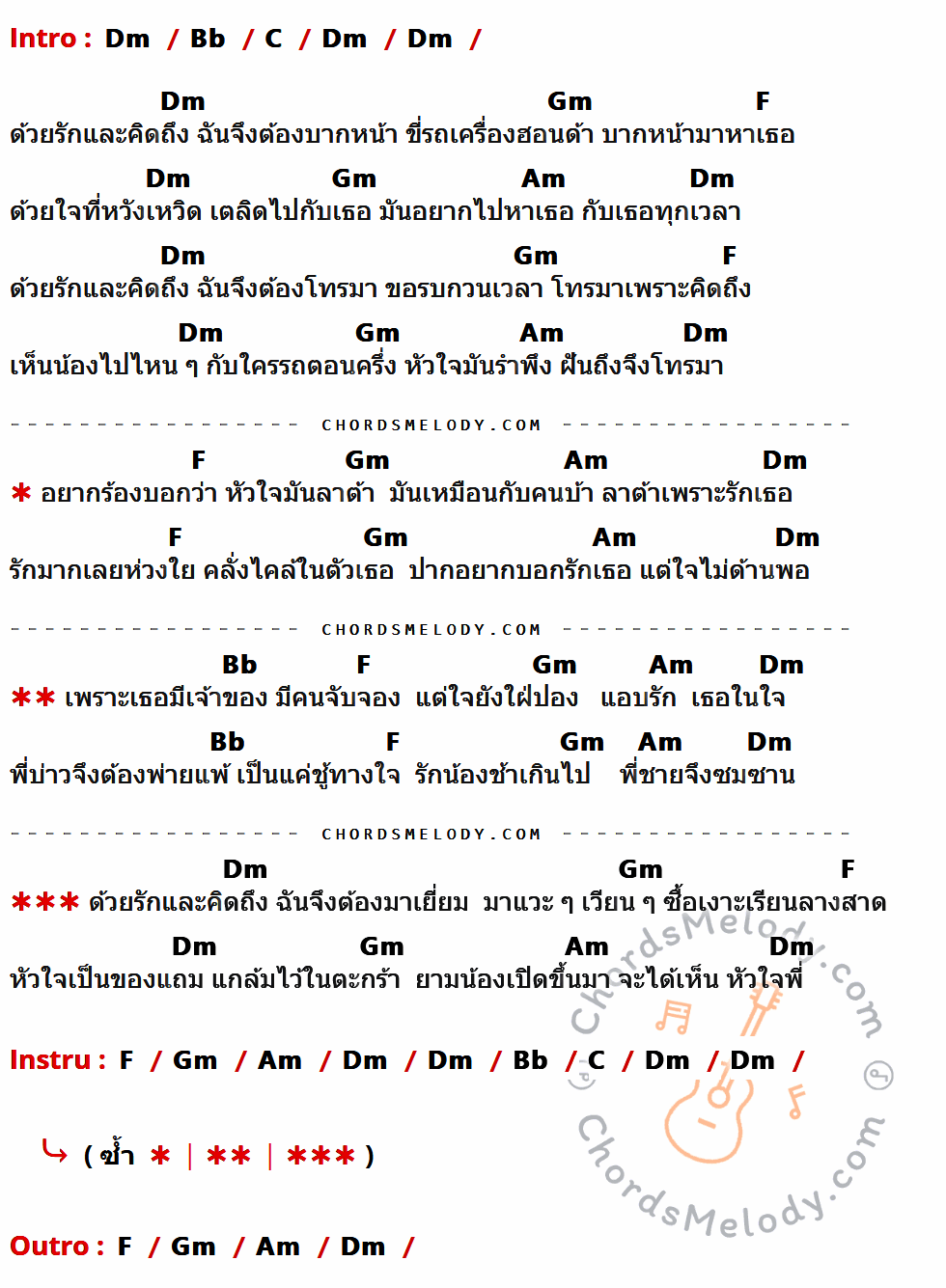 เนื้อเพลง หัวใจลาต้า ของ เก๋ นาโพธิ์ มีคอร์ดกีต้าร์ ในคีย์ที่ต่างกัน Am,F,G,Dm,C,Em