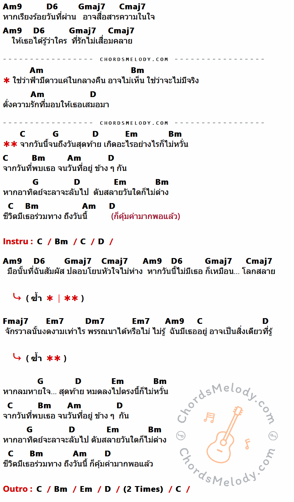 เนื้อเพลง เธอคือความจริง ของ Penguin Villa มีคอร์ดกีต้าร์ ในคีย์ที่ต่างกัน Am9,D6,Gmaj7,Cmaj7,Am,Bm,D,C,G,Em,Fmaj7,Em7,Dm7