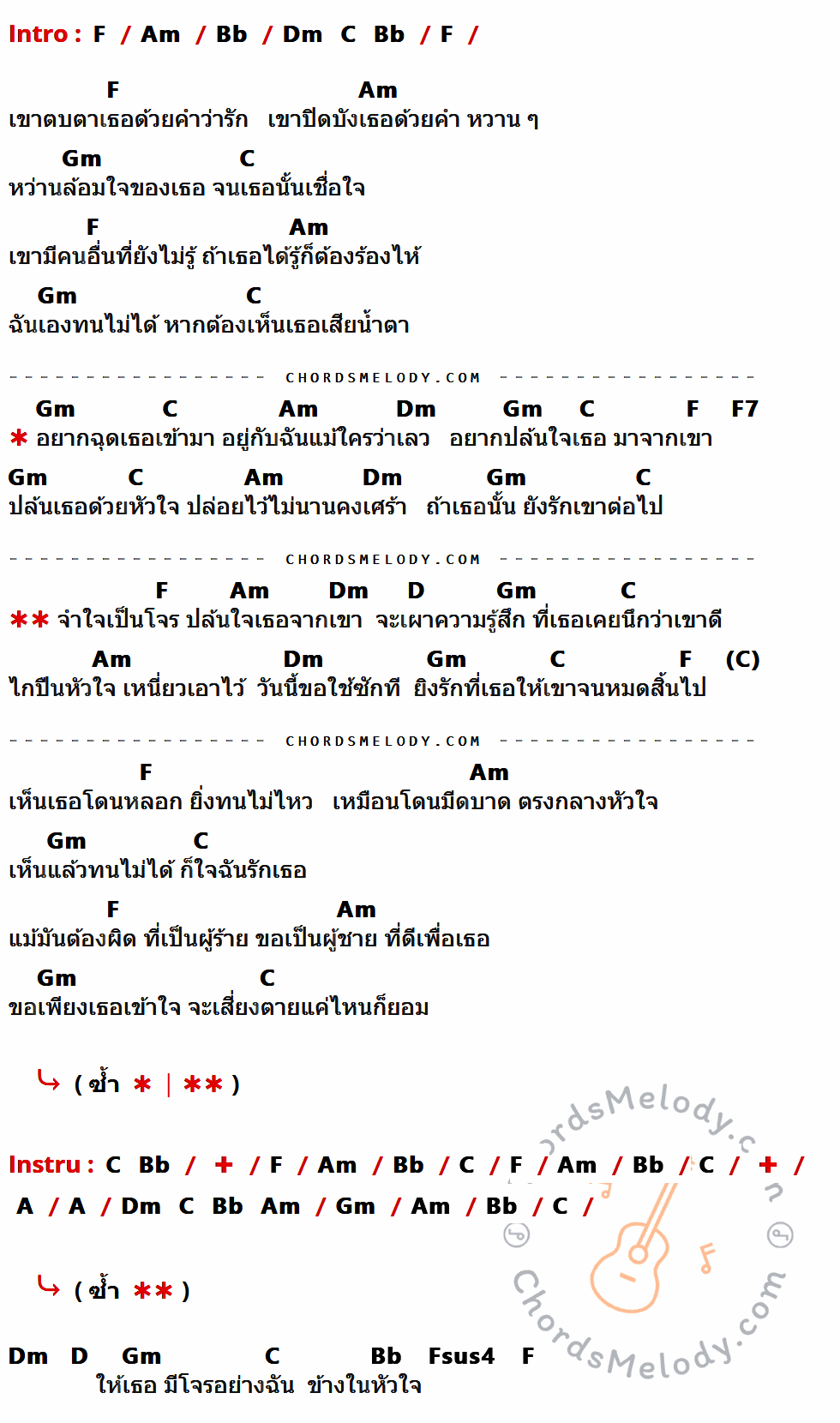 เนื้อเพลง โจร ของ Hyper มีคอร์ดกีต้าร์ ในคีย์ที่ต่างกัน F,Am,Bb,Gm,C,Dm,F7,D,A,Fsus4