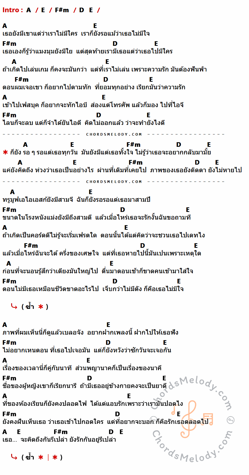 คอร์ดเพลง ตอนไม่มีเธอ - Minotaur เนื้อร้อง มีคอร์ดกีต้าร์ ในกลุ่มคีย์ A,E,F#m,D กำกับ