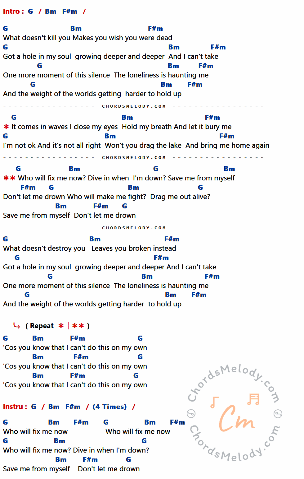 คอร์ดเพลง Drown - Bring Me The Horizon เนื้อร้อง มีคอร์ดกีต้าร์ ในกลุ่มคีย์ G,Bm,F#m กำกับ