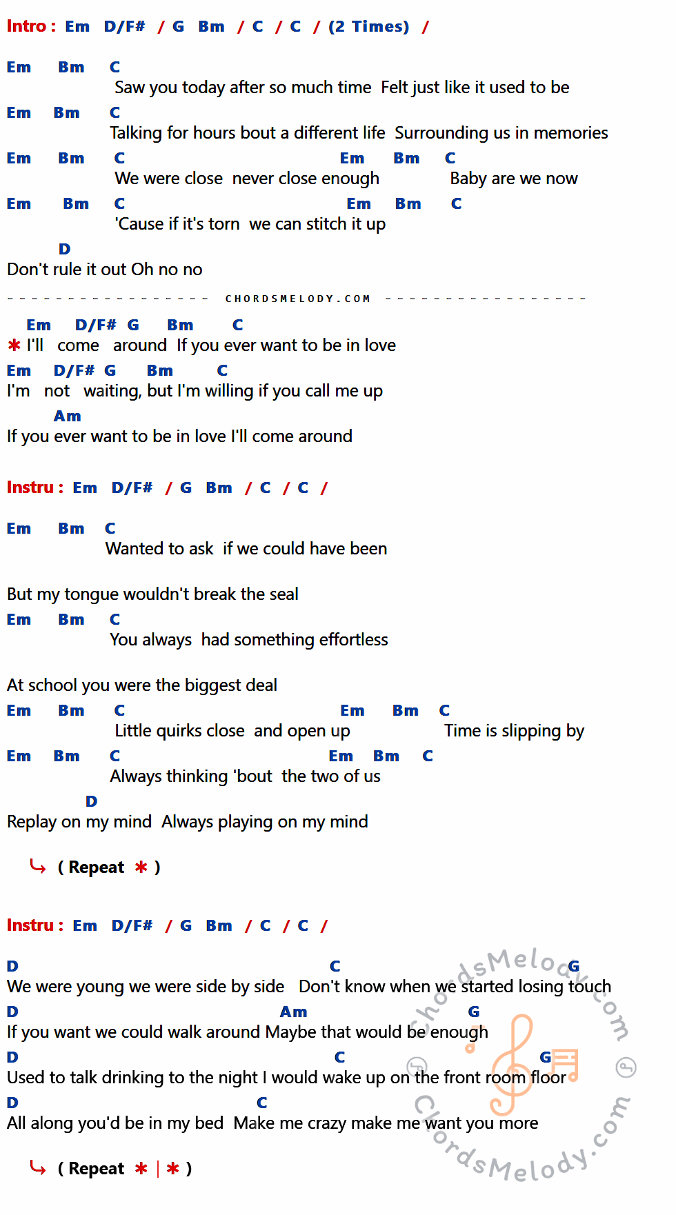 คอร์ดเพลง If You Ever Want to Be in Love - James Bay เนื้อร้อง มีคอร์ดกีต้าร์ ในกลุ่มคีย์ C,Em,Bm,D,D/F#,G,Am กำกับ