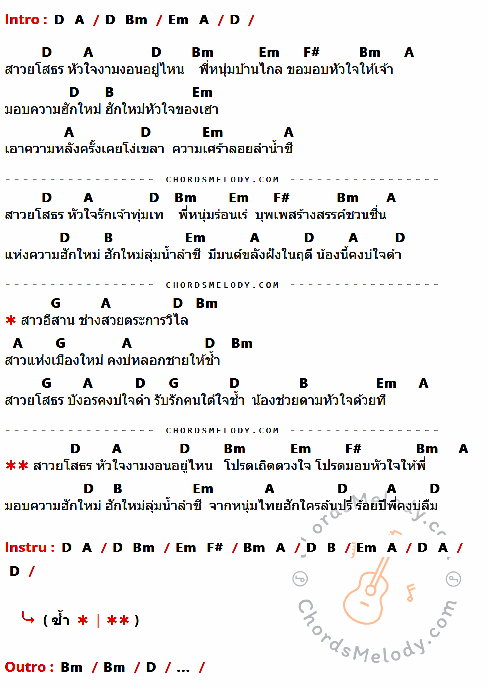 คอร์ดเพลง สาวยโสธร - หนู มิเตอร์ เนื้อร้อง มีคอร์ดกีต้าร์ ในกลุ่มคีย์ D,A,Bm,Em,F#,B,G กำกับ