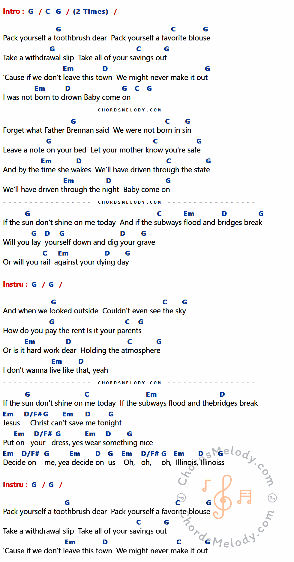 คอร์ดเพลง Sleep On The Floor - The Lumineers เนื้อร้อง มีคอร์ดกีต้าร์ ในกลุ่มคีย์ G,C,Em,D,D/F# กำกับ