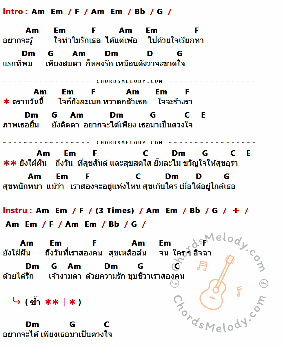 เนื้อเพลง เพ้อ ของ เบิร์ดกะฮาร์ท มีคอร์ดกีต้าร์ ในคีย์ที่ต่างกัน Am,Em,F,Bb,G,Dm,D,C,E