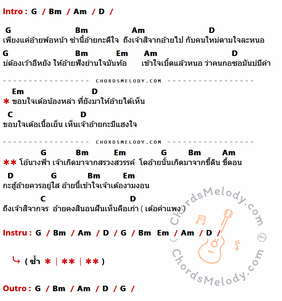 คอร์ดเพลง นางฟ้ากับคนกอซอ - ดุ่ย เชียงรัมย์ เนื้อร้อง มีคอร์ดกีต้าร์ ในกลุ่มคีย์ G,Bm,Am,D,Em,C กำกับ