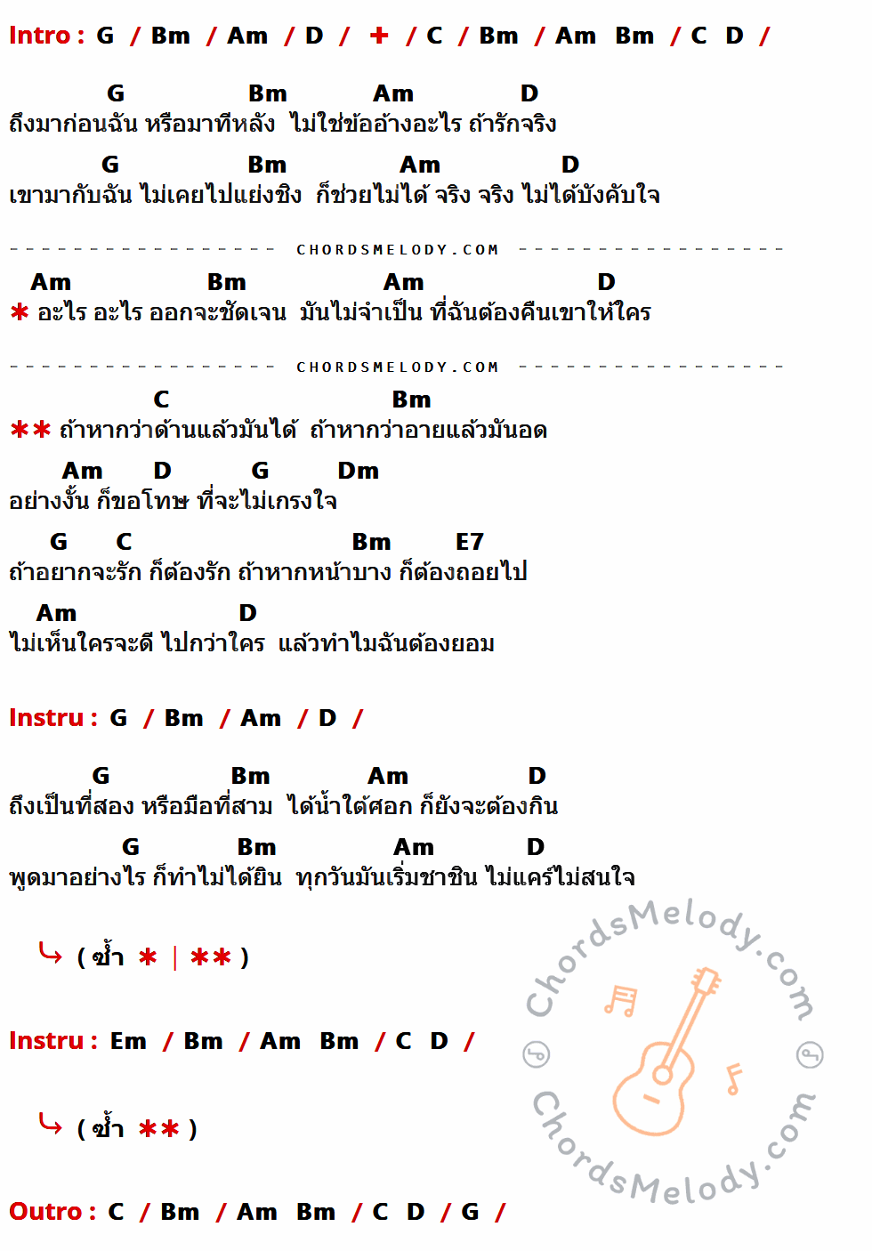 เนื้อเพลง ด้านได้อายอด ของ เต้น นรารักษ์ มีคอร์ดกีต้าร์ ในคีย์ที่ต่างกัน G,Bm,Am,D,C,Dm,E7,Em