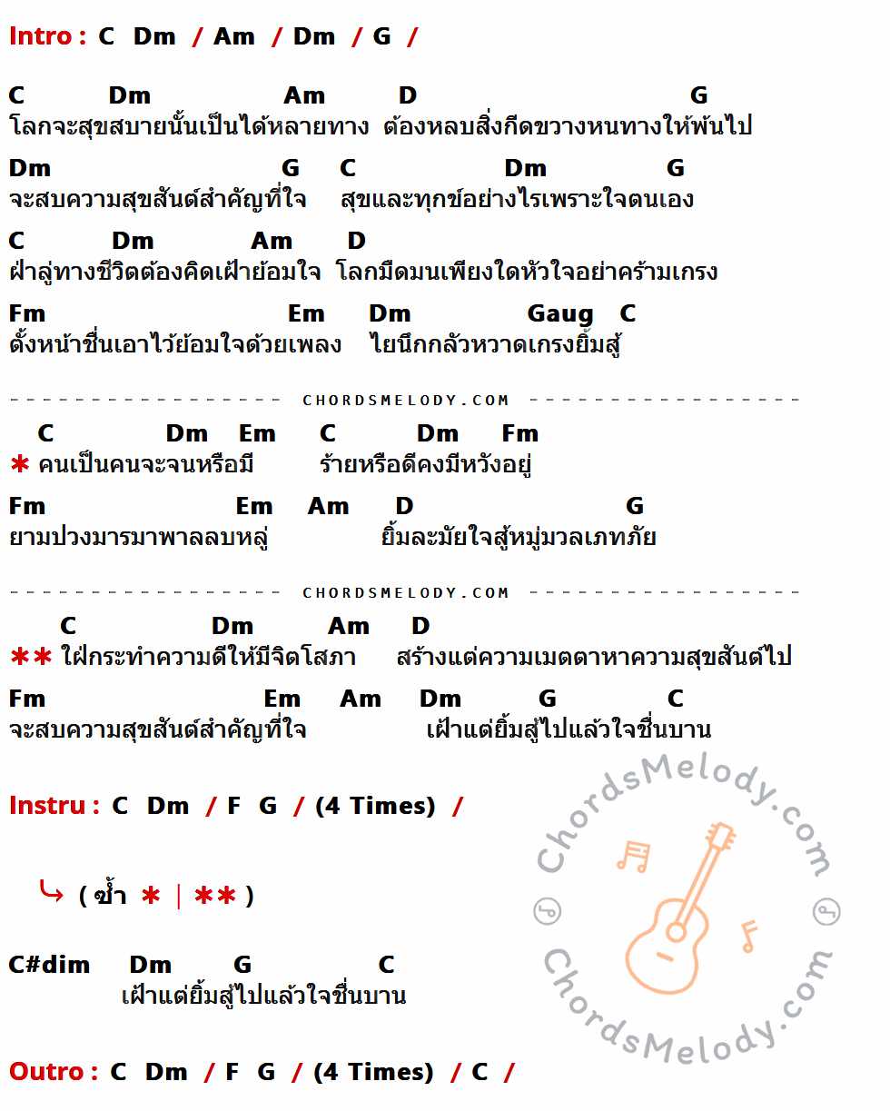 เนื้อเพลง ยิ้มสู้ ของ Getsunova มีคอร์ดกีต้าร์ ในคีย์ที่ต่างกัน G,Am,Em,D,A,Cm,Bm,Daug,C,G#dim