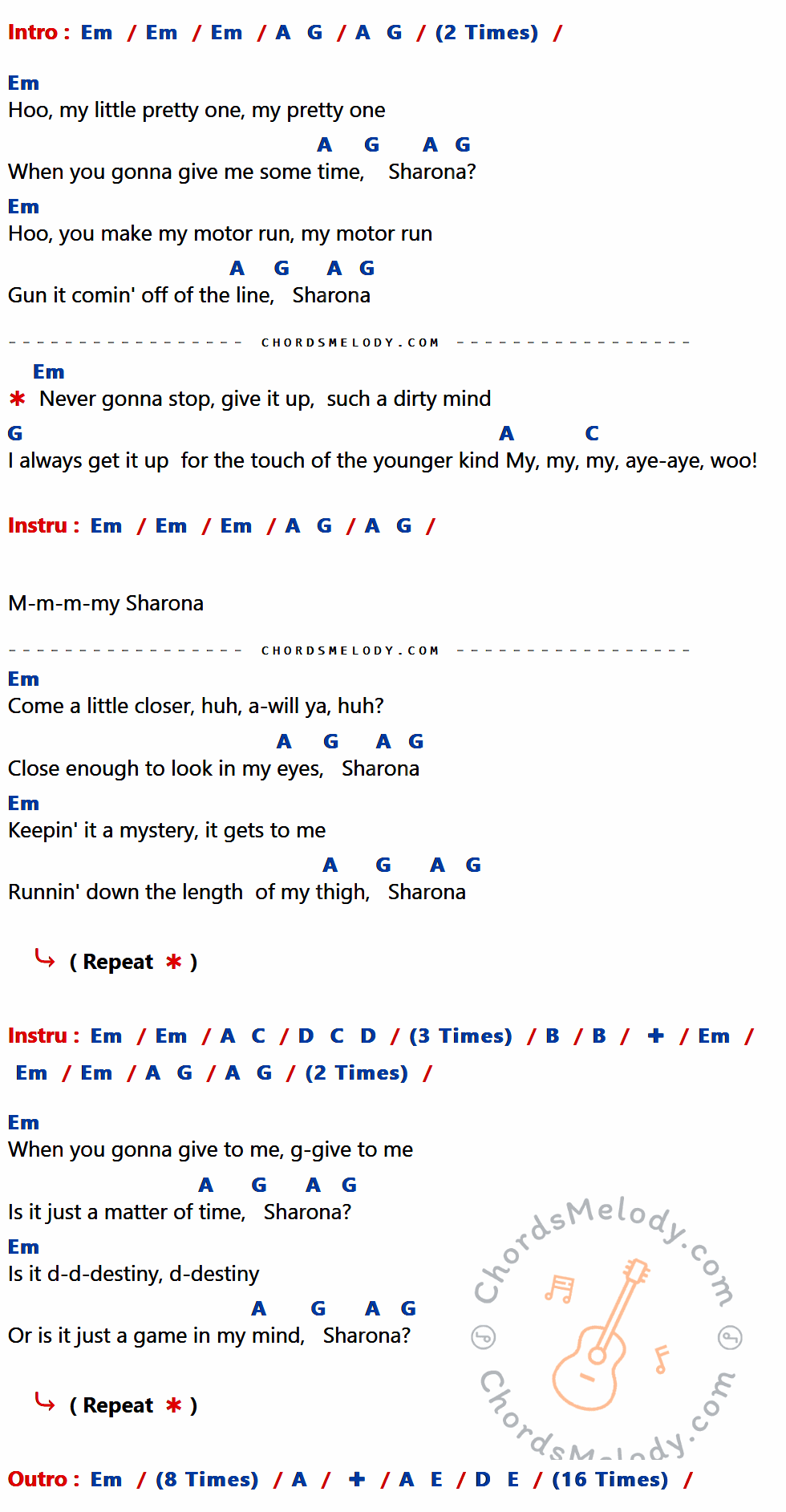 เนื้อเพลง My Sharona ของ The Knack มีคอร์ดกีต้าร์ ในคีย์ที่ต่างกัน Em,A,G,C,D,B,E