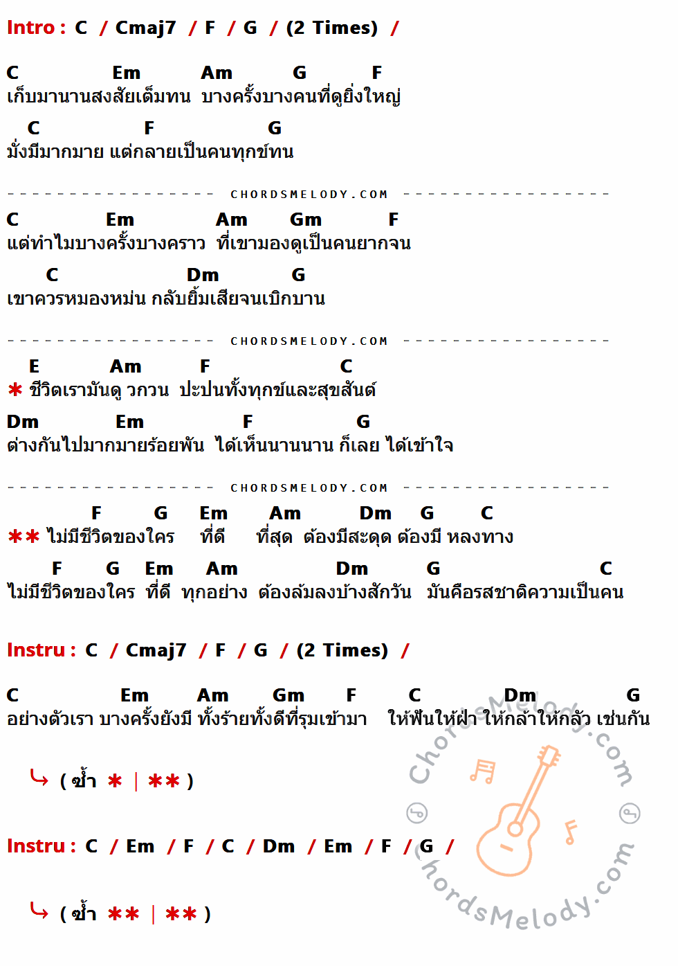 คอร์ดเพลง รสชาติความเป็นคน - มาช่า เนื้อร้อง มีคอร์ดกีต้าร์ ในกลุ่มคีย์ C,Cmaj7,F,G,Em,Am,Gm,Dm,E กำกับ
