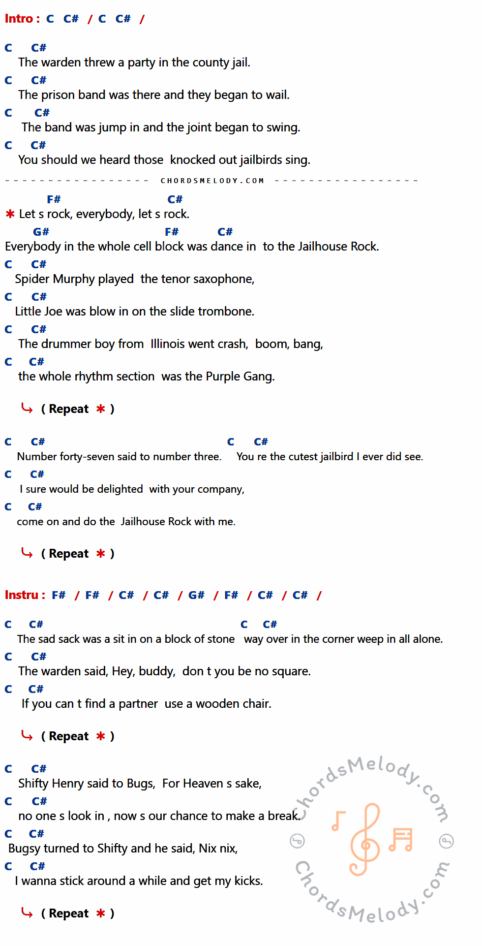 เนื้อเพลง Jailhouse Rock ของ Elvis Presley มีคอร์ดกีต้าร์ ในคีย์ที่ต่างกัน G,G#,C#,Eb