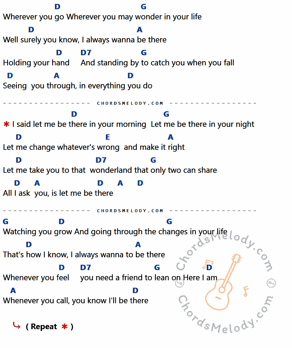 คอร์ดเพลง Let Me Be There - Elvis presley เนื้อร้อง มีคอร์ดกีต้าร์ ในกลุ่มคีย์ D,G,A,D7,E กำกับ