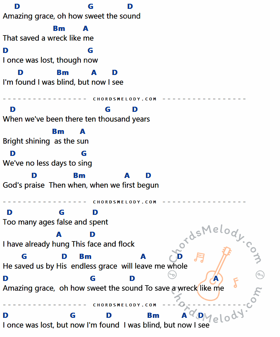 คอร์ดเพลง Amazing Grace - Elvis presley เนื้อร้อง มีคอร์ดกีต้าร์ ในกลุ่มคีย์ D,G,Bm,A กำกับ