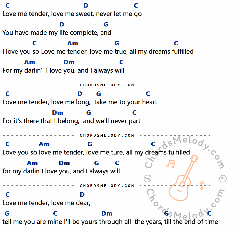 คอร์ดเพลง Love Me Tender - Elvis presley เนื้อร้อง มีคอร์ดกีต้าร์ ในกลุ่มคีย์ C,D,G,Am,Dm กำกับ