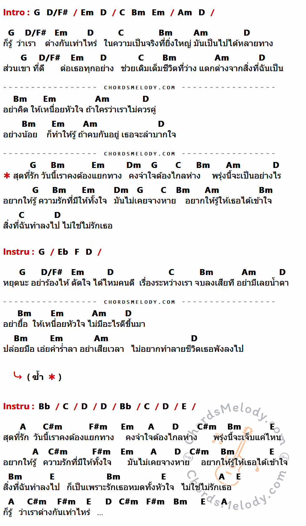 คอร์ดเพลง ไม่ใช่ไม่รัก - เอกดา เนื้อร้อง มีคอร์ดกีต้าร์ ในกลุ่มคีย์ G,D/F#,Em,D,C,Bm,Am,Dm,Bb,E,A,C#m,F#m กำกับ