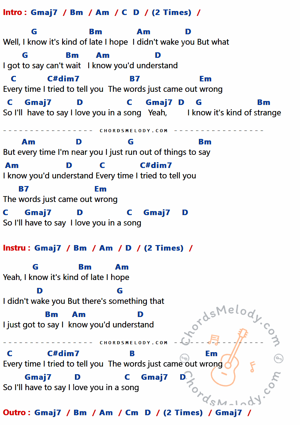 เนื้อเพลง I'll Have To Say I Love You In A Song ของ Jim Croce มีคอร์ดกีต้าร์ ในคีย์ที่ต่างกัน Gmaj7,Bm,Am,C,D,G,C#dim7,B7,Em,B,Cm