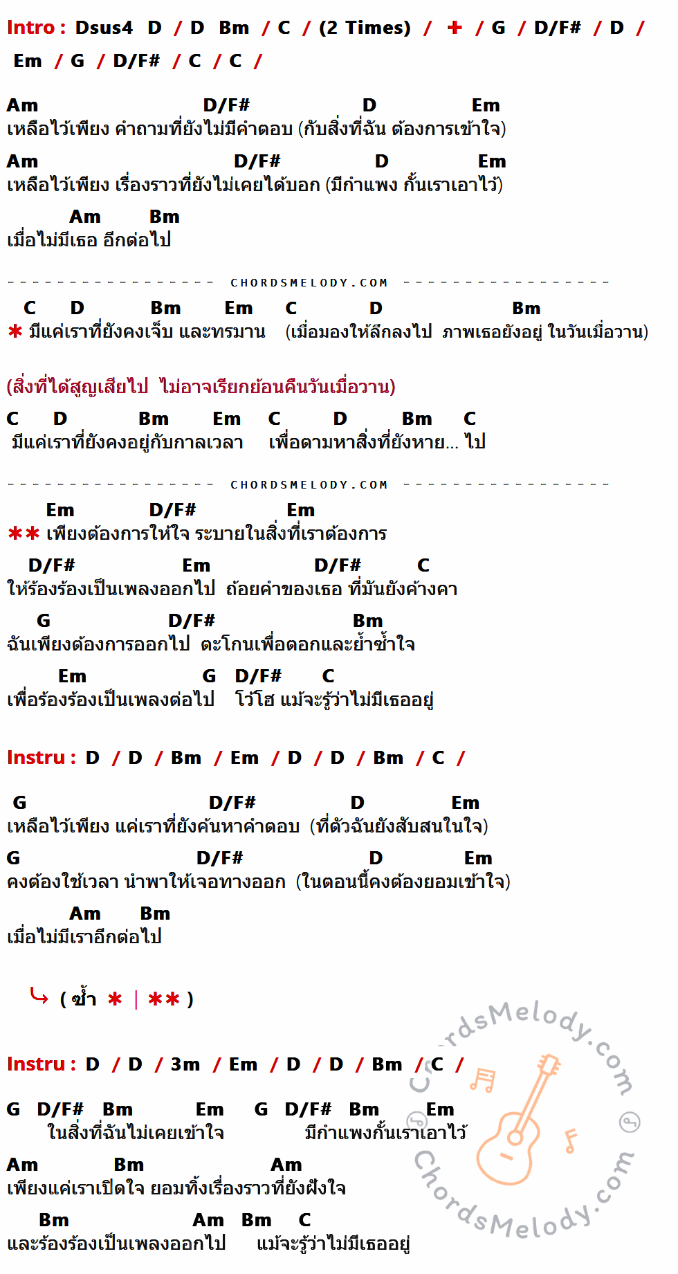 เนื้อเพลง ระบาย ของ Safeplanet มีคอร์ดกีต้าร์ ในคีย์ที่ต่างกัน Dsus4,D,Bm,C,G,D/F#,Em,Am,3m