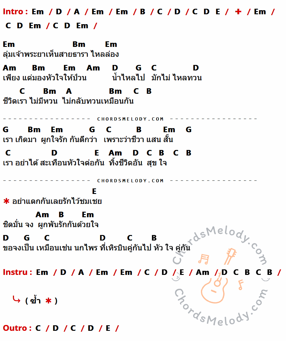 คอร์ดเพลง ลุ่มเจ้าพระยา - แหวน ฐิติมา เนื้อร้อง มีคอร์ดกีต้าร์ ในกลุ่มคีย์ Em,D,A,B,C,E,Bm,Am,G กำกับ