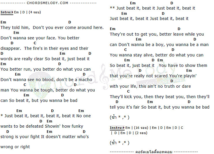 คอร์ดเพลง เนื้อเพลง Beat it, คอร์ดเพลง Beat it ของ MICHAEL JACKSON, คอร์ดเพลงของ MICHAEL JACKSON, เนื้อร้อง Beat it MICHAEL JACKSON, Beat it คอร์ดง่าย ๆ, คอร์ด Beat it ต้นฉบับ