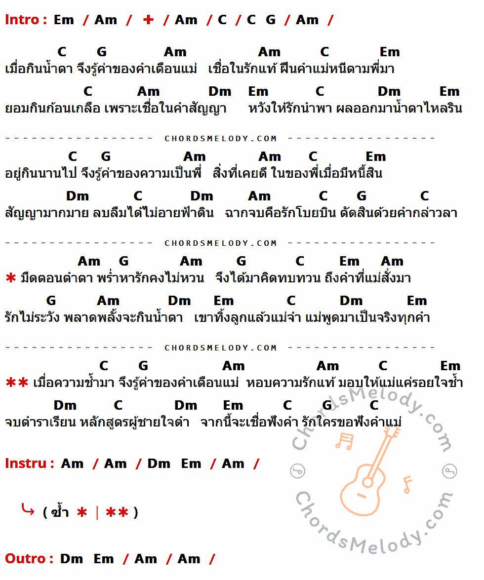 เนื้อเพลง หนีแม่มาแพ้รัก ของ ศิริพร อำไพพงษ์ ที่มีคอร์ด ในกลุ่มคีย์ Em,Am,C,G,Dm ประกอบ