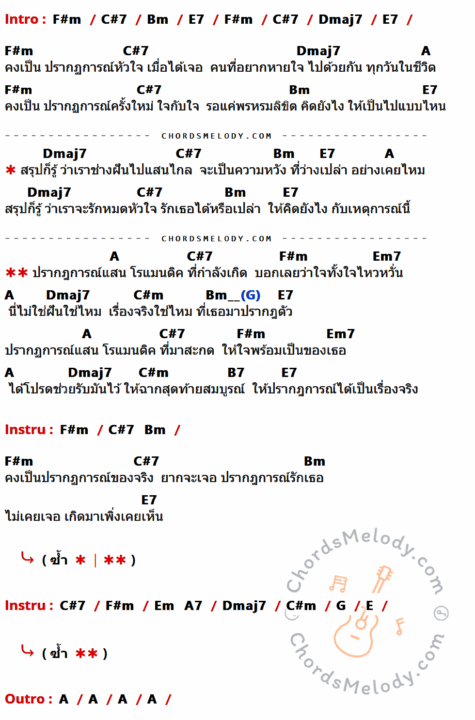 เนื้อเพลง ปรากฏการณ์ ของ A-POY ที่มีคอร์ด ในกลุ่มคีย์ F#m,C#7,Bm,E7,Dmaj7,A,Em7,C#m,B7,Em,A7,G,E ประกอบ