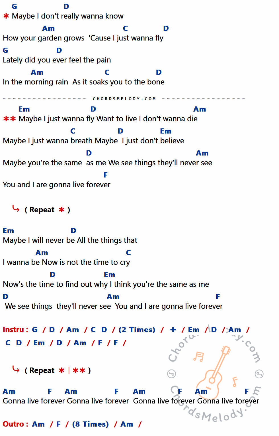 เนื้อเพลง Live Forever ของ Oasis ที่มีคอร์ดกีต้าร์ G,D,Am,C,Em,F