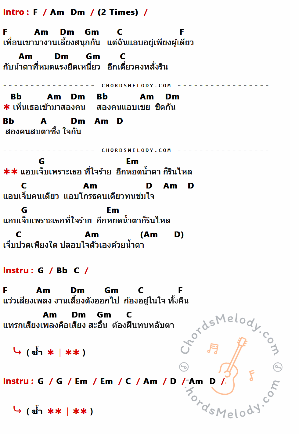 เนื้อเพลง แอบเจ็บ ของ XYZ ที่มีคอร์ด ในกลุ่มคีย์ F,Am,Dm,Gm,C,Bb,A,D,G,Em ประกอบ