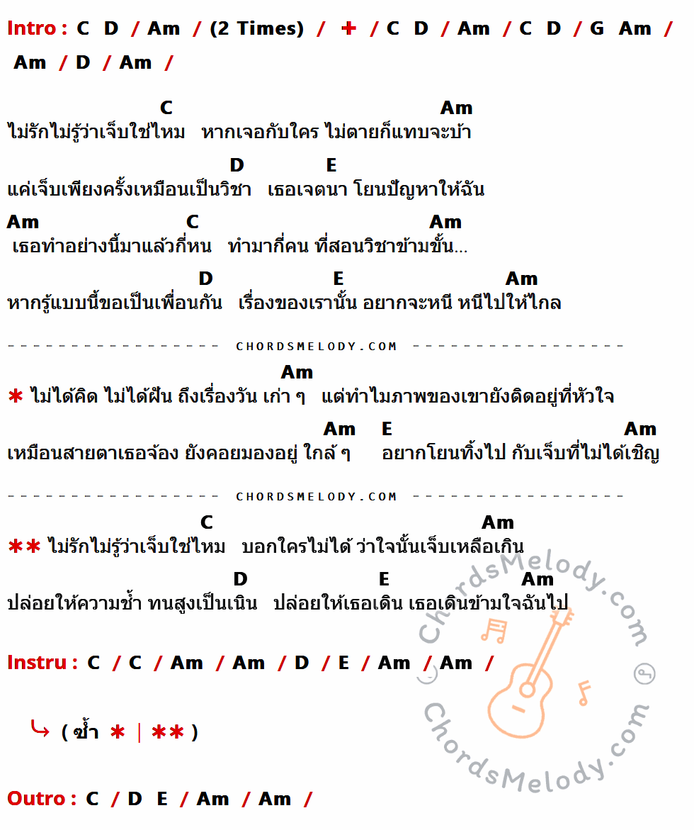 เนื้อเพลง เจ็บที่ไมได้เชิญ ของ คริสตี้ กิ๊บสัน ที่มีคอร์ด ในกลุ่มคีย์ C,D,Am,G,E ประกอบ