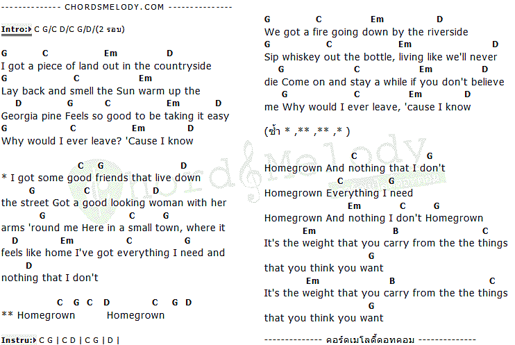 คอร์ดเพลง เนื้อเพลง Homegrown, คอร์ดเพลง Homegrown ของ Zac Brown Band, คอร์ดเพลงของ Zac Brown Band, เนื้อร้อง Homegrown Zac Brown Band, Homegrown คอร์ดง่าย ๆ, คอร์ด Homegrown ต้นฉบับ