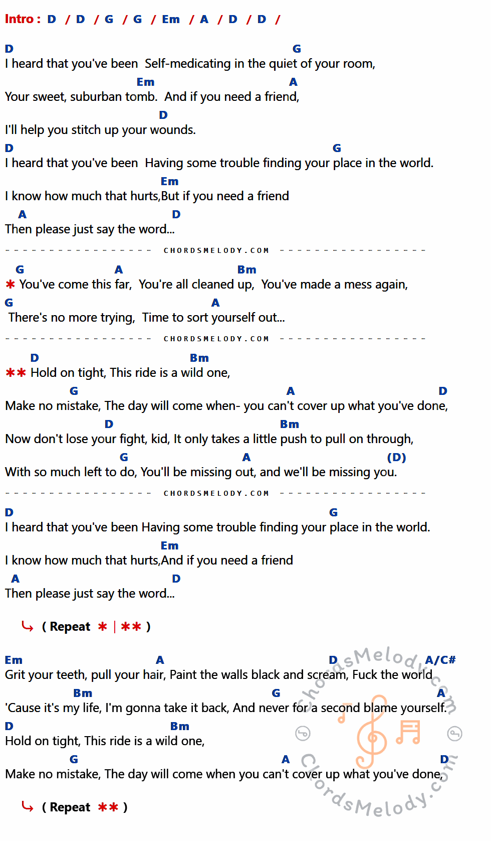 เนื้อเพลง Missing You ของ All Time Low ที่มีคอร์ด ในกลุ่มคีย์ D,G,Em,A,Bm,A/C# ประกอบ