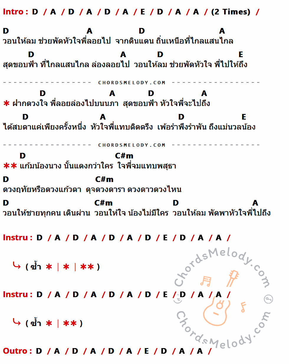 เนื้อเพลง แก้มน้องนางนั้นแดงกว่าใคร ของ เขียนไขและวานิช ที่มีคอร์ดกีต้าร์ D,A,E,C#m