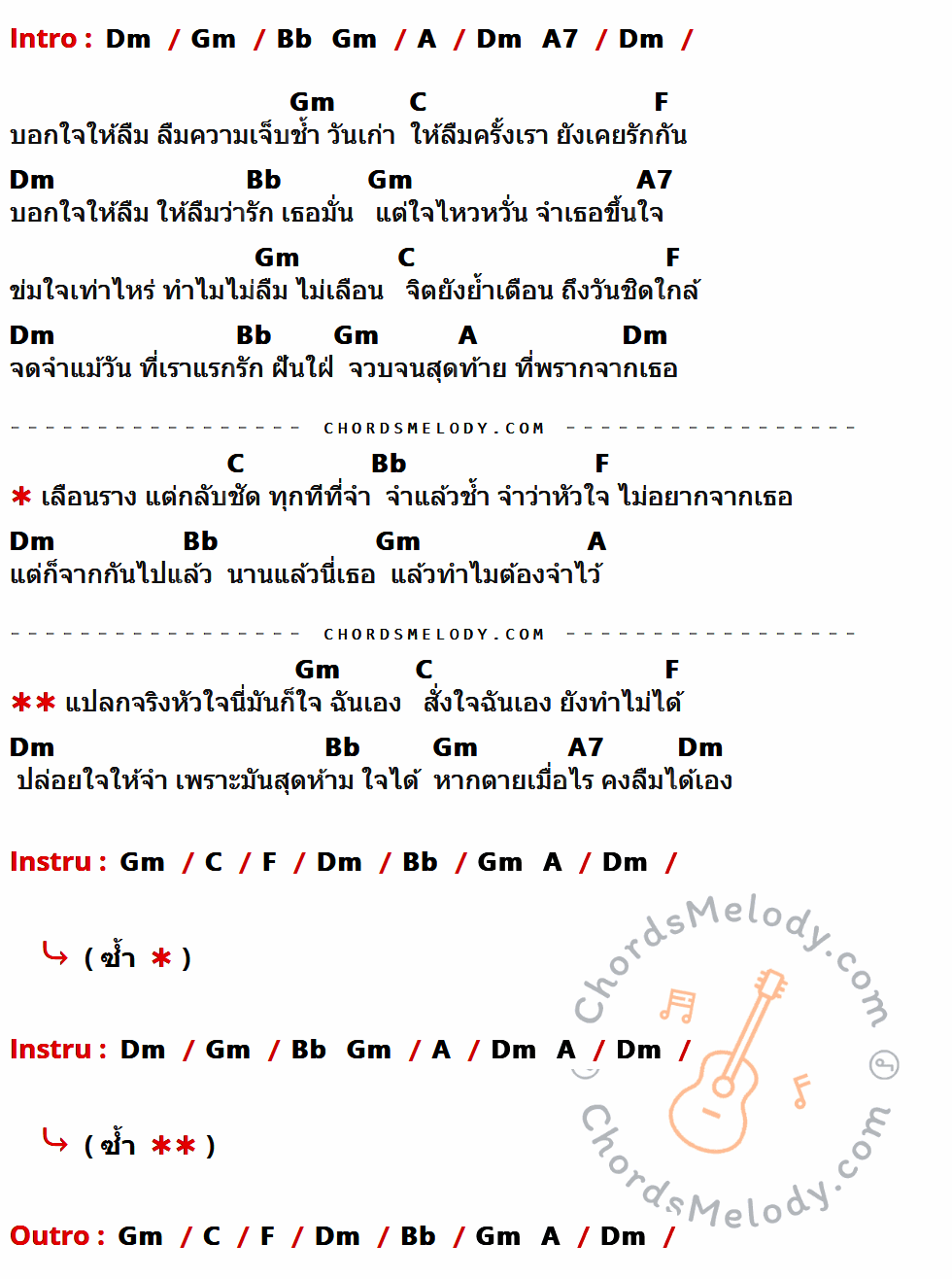 เนื้อเพลง ลืมไม่ลง ของ แหวน ฐิติมา ที่มีคอร์ดกีต้าร์ Dm,Gm,Bb,A,A7,C,F