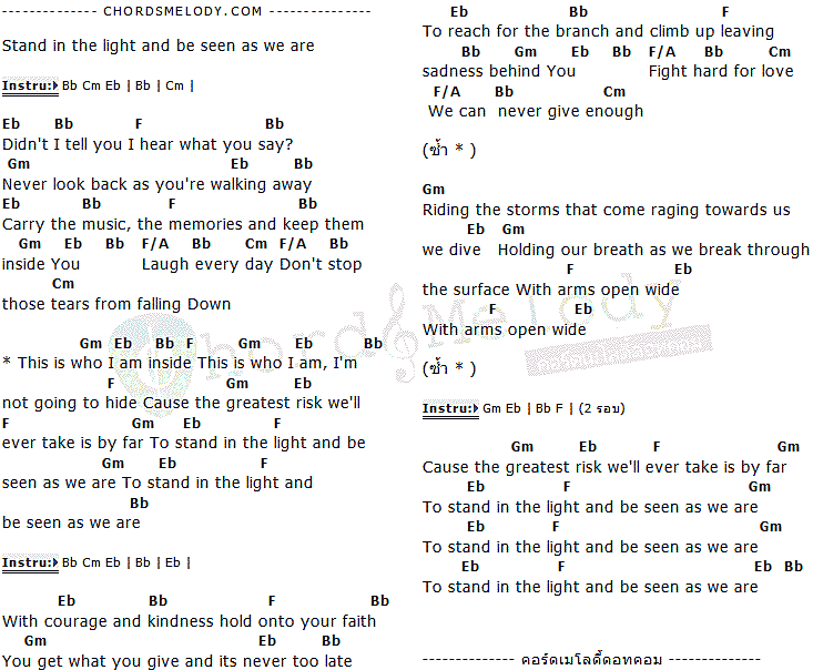 คอร์ดเพลง เนื้อเพลง Stand In The Light, คอร์ดเพลง Stand In The Light ของ Jordan Smith, คอร์ดเพลงของ Jordan Smith, เนื้อร้อง Stand In The Light Jordan Smith, Stand In The Light คอร์ดง่าย ๆ, คอร์ด Stand In The Light ต้นฉบับ